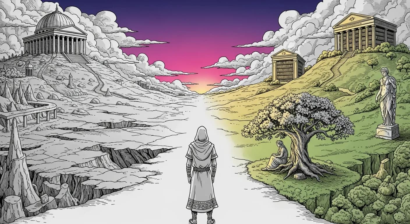 Illustration Moebius : figure contemplative devant un miroir inversant les valeurs