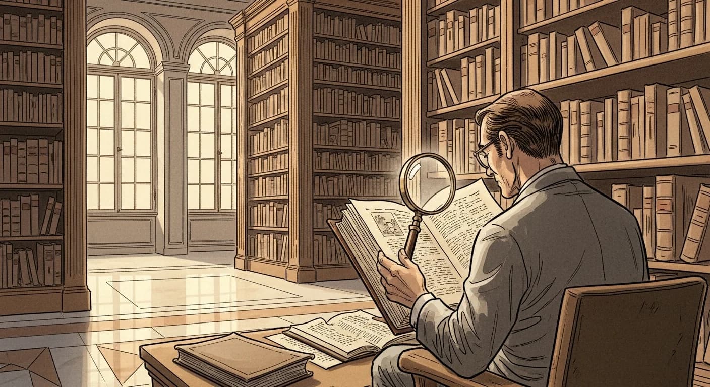 Illustration Moebius : un érudit examine à la loupe le mot "fascisme" dans un dictionnaire ouvert, dans une bibliothèque rationaliste italienne des années 1930