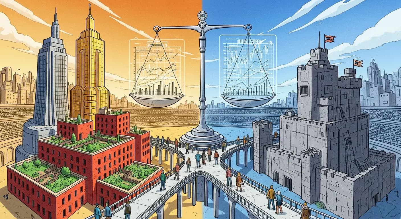 Illustration Moebius : arène circulaire où différentes idéologies politiques sont représentées comme des zones architecturales distinctes