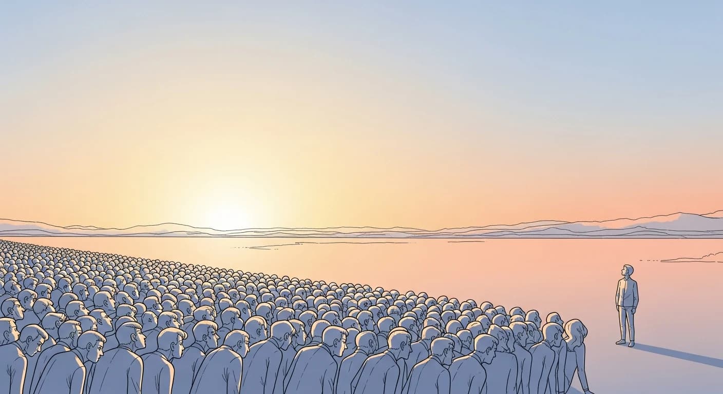 Illustration style Moebius : une foule de silhouettes identiques tournées dans la même direction, et une seule, à l'écart, tournée ailleurs et regardant l'horizon ; scène épurée dans un vaste paysage pastel à l'aube, palette chaude, ligne claire, image de l'avis qui ne suit pas le consensus
