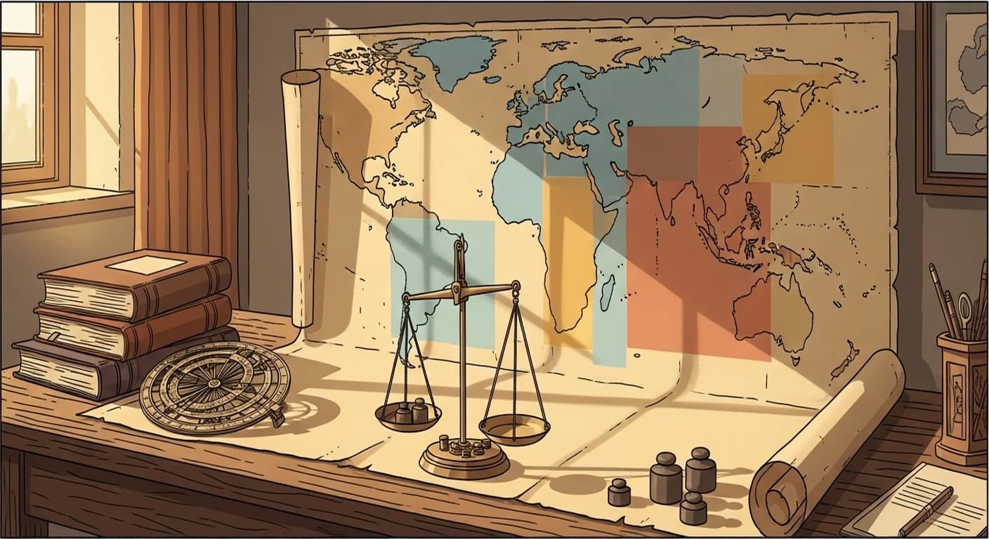 Illustration style Moebius, ligne claire et couleurs sourdes : sur la table de travail d'un érudit, une vaste carte du monde ancienne déroulée, recouverte de calques translucides colorés délimitant les emprises de différents empires ; au centre de la carte, une balance à plateaux en laiton avec ses poids, un astrolabe et une pile de registres à côté, dans la lumière chaude d'une fin d'après-midi