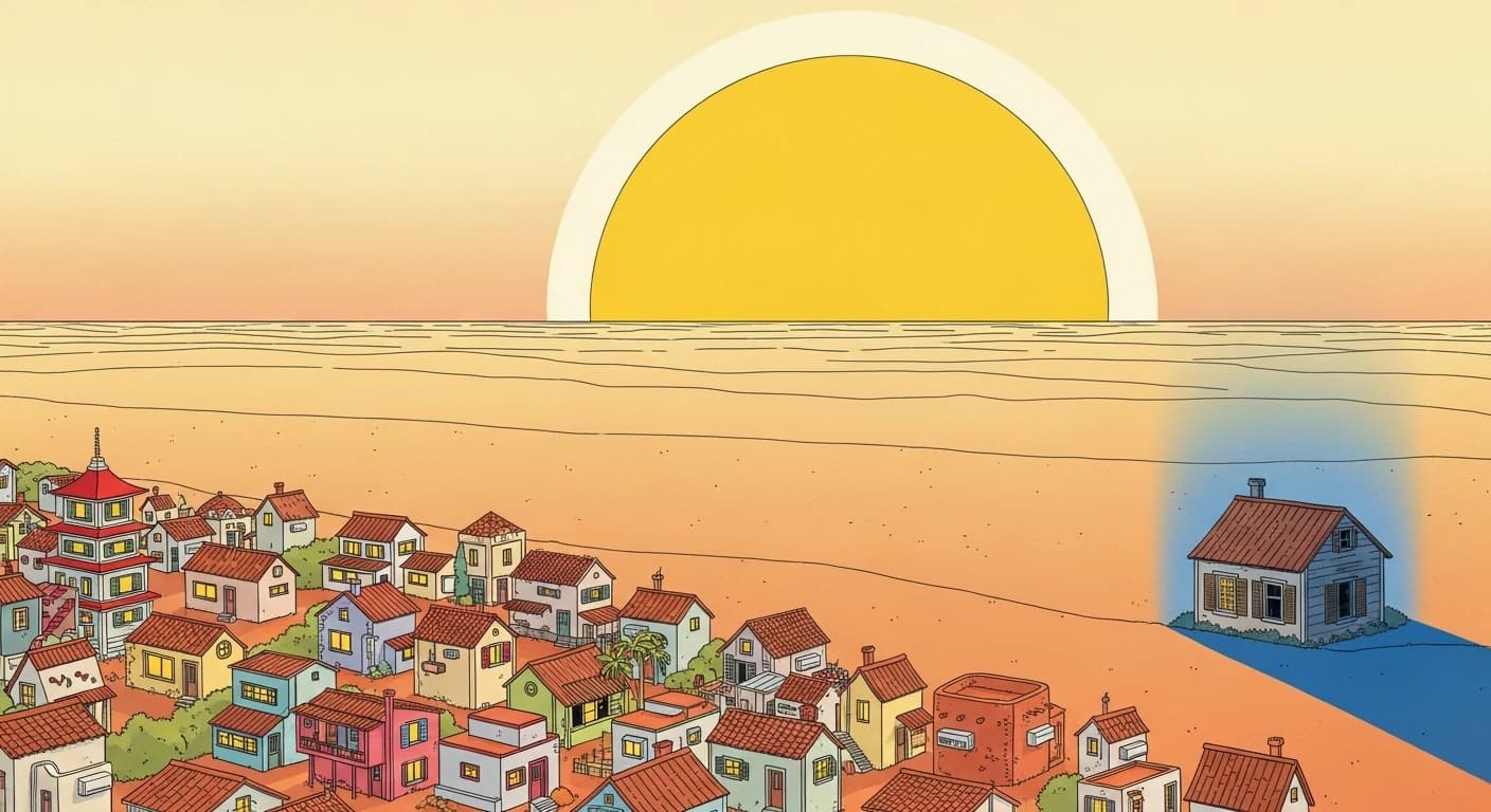 Illustration style Moebius : sur une terre chaude et lumineuse, d'innombrables petites maisons du monde entier arborent un climatiseur allumé et vivent au soleil, tandis qu'une seule maison, à l'écart, reste volets clos et s'éteint doucement dans l'ombre ; vaste paysage pastel à la lumière dorée, ligne claire, palette chaude, image d'un peuple qui s'efface en renonçant seul au confort commun