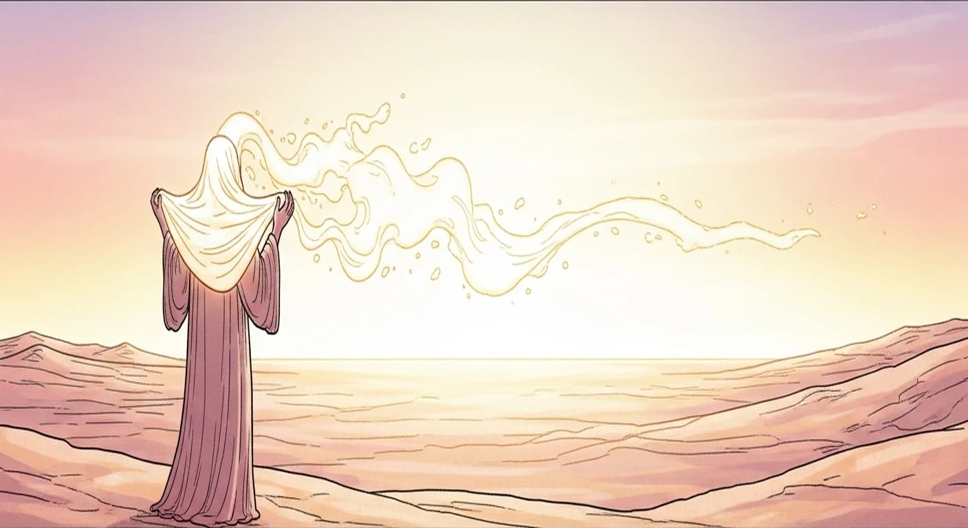 Illustration style Moebius : une silhouette en robe, debout dans un vaste désert lumineux à l'aube, retire d'elle-même son manteau de lumière qui se dissout dans l'air ; image de l'effacement de soi érigé en vertu, palette pastel chaude, ligne claire
