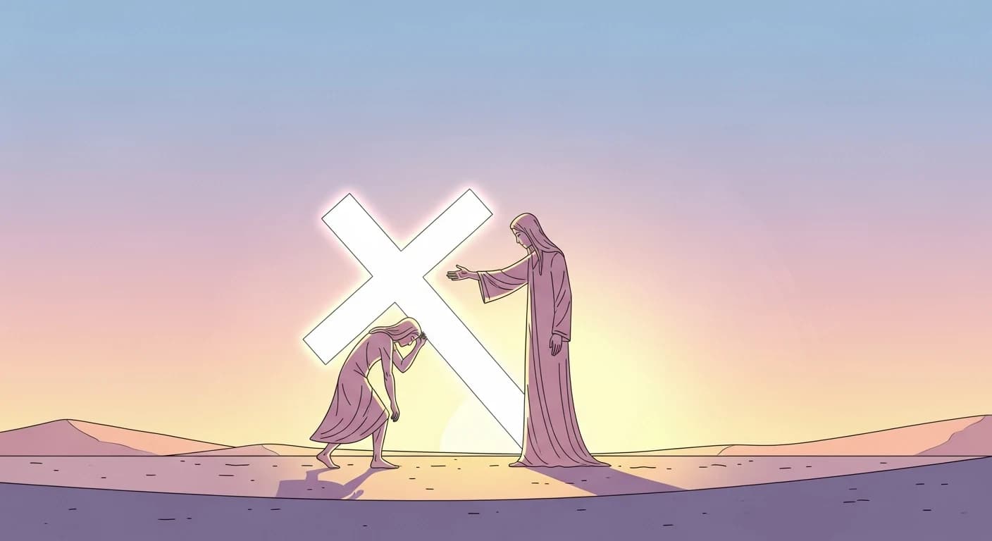Illustration style Moebius : un personnage lumineux tend avec douceur une croix de lumière à un autre, plus petit et courbé, qui ploie sous son poids, dans un vaste paysage pastel à l'aube ; image de la vertu dont un autre porte le prix, palette chaude, ligne claire